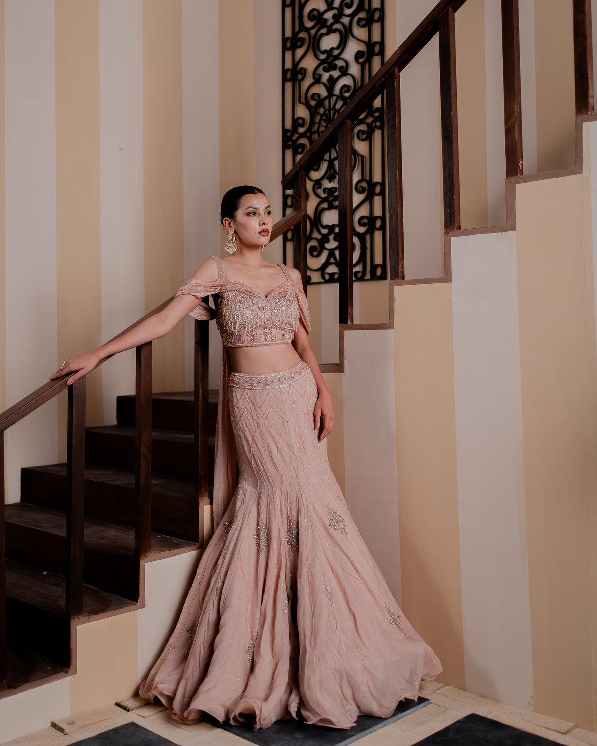 Damask Rose Trellis Fishcut Lehenga Set