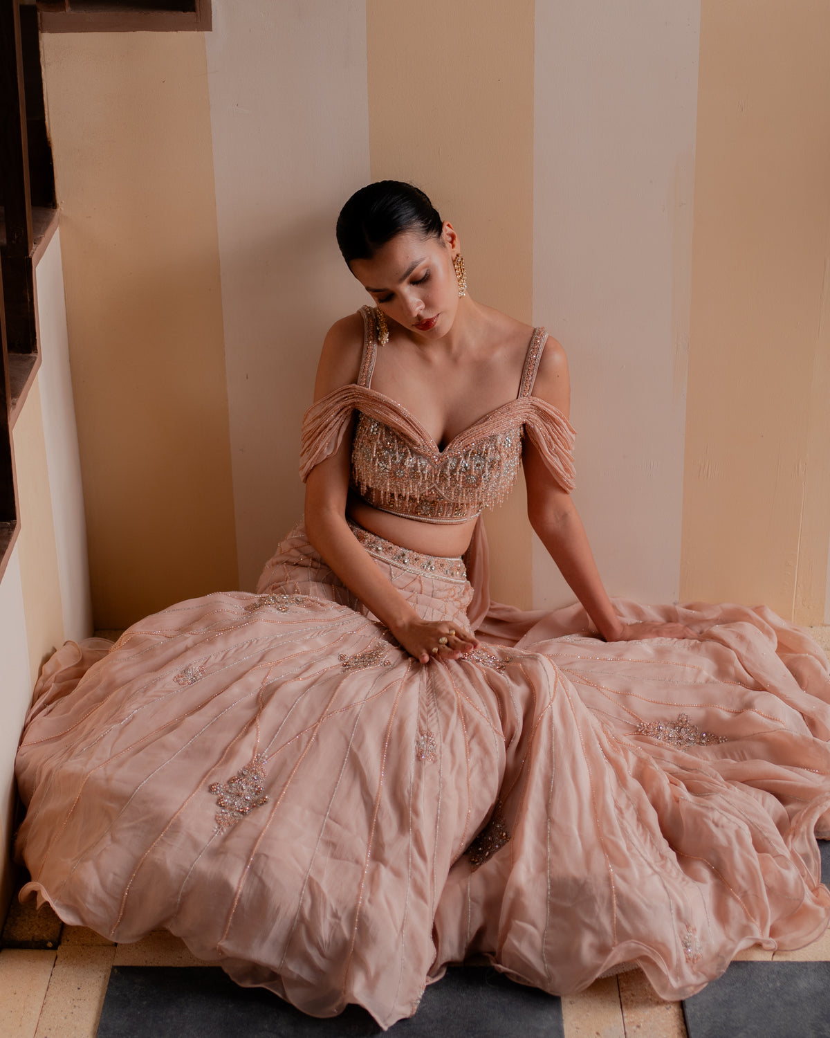 Damask Rose Trellis Fishcut Lehenga Set