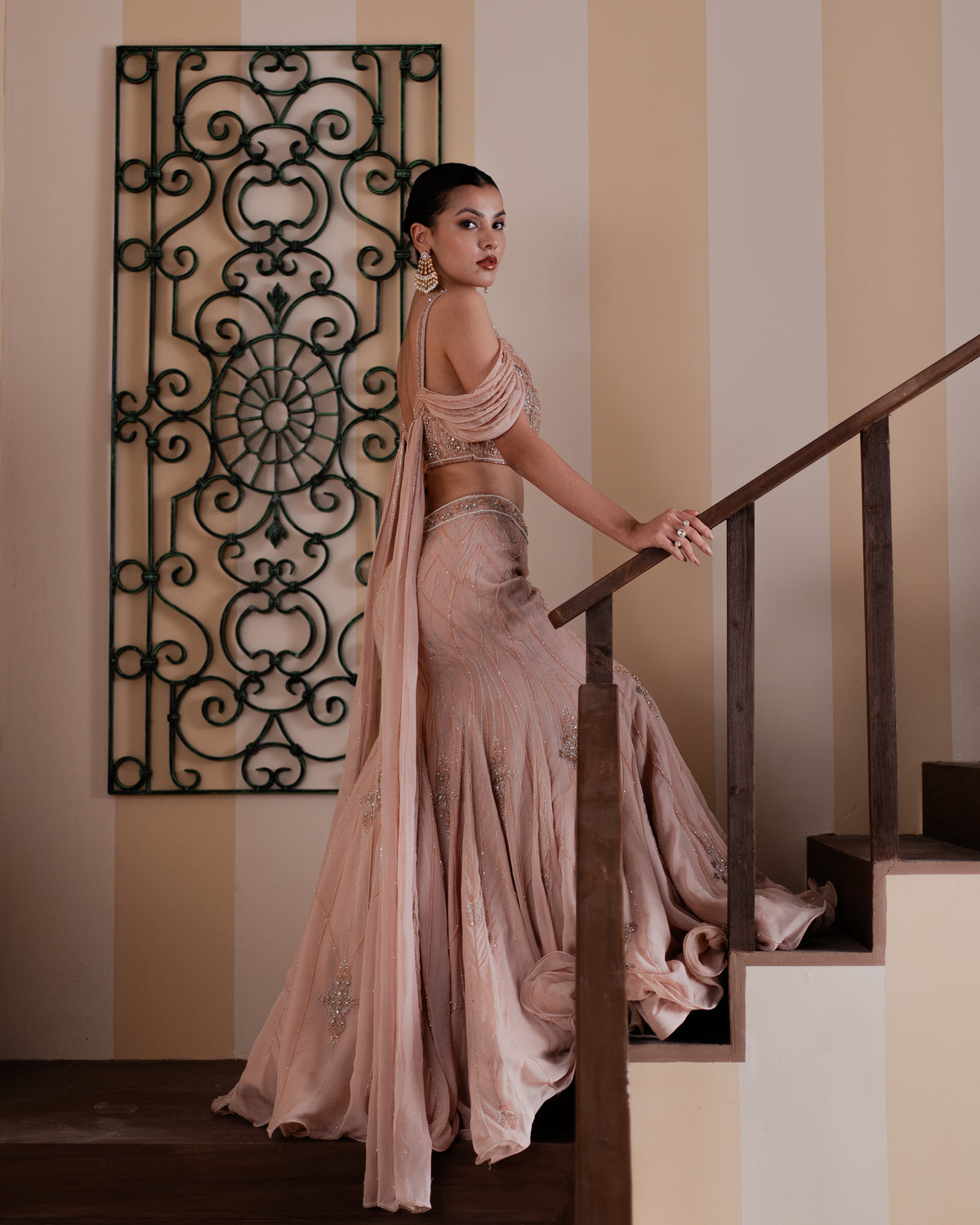 Damask Rose Trellis Fishcut Lehenga Set