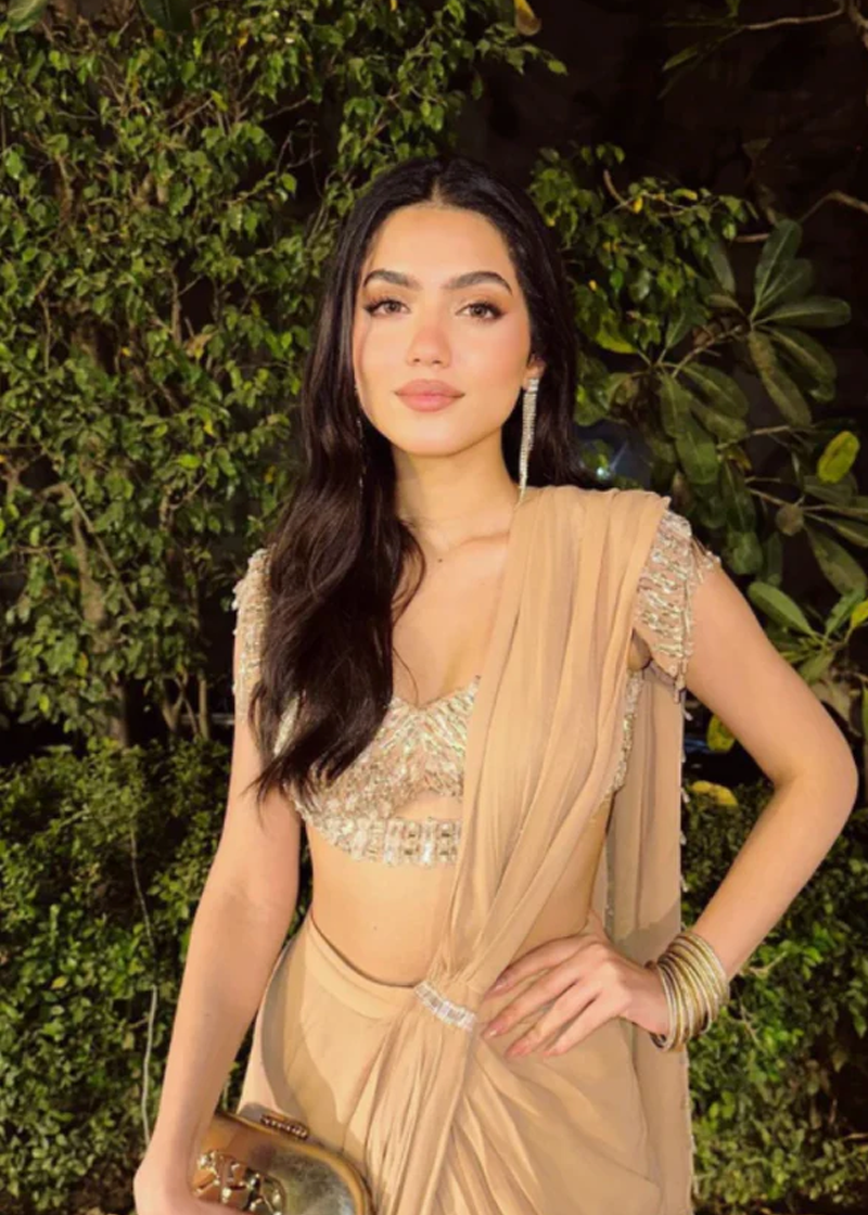 Khushi Chawla in Nude Drape Saree With Bralette Blouse Tasseled Slee