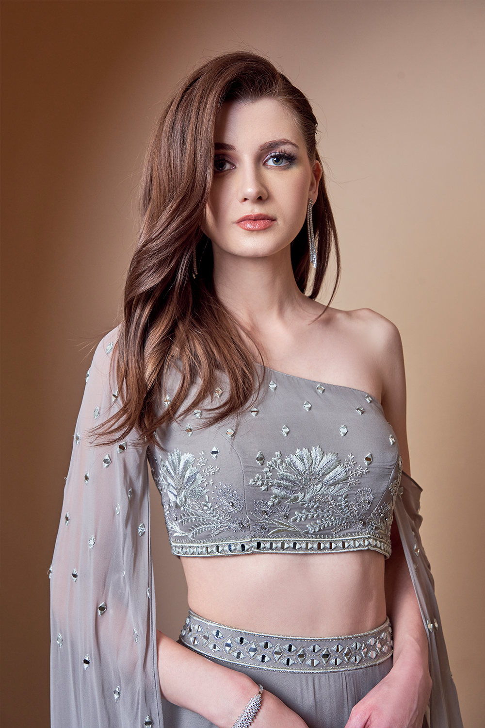 Mirror Work Flower Motif Grey Lehenga