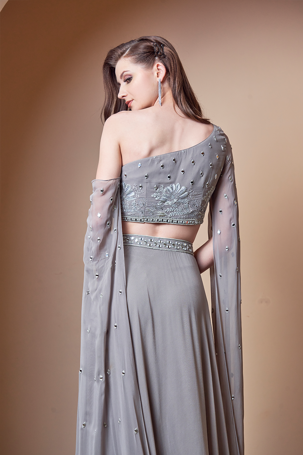 Mirror Work Flower Motif Grey Lehenga