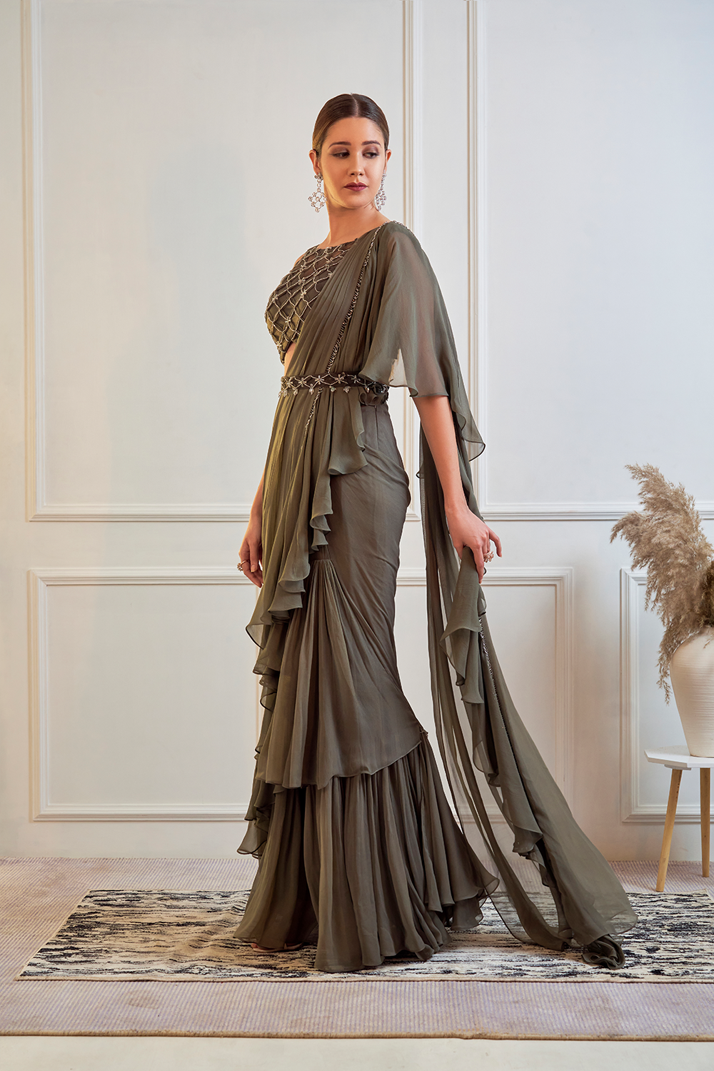 Waffle Net Blouse Ruffle Saree