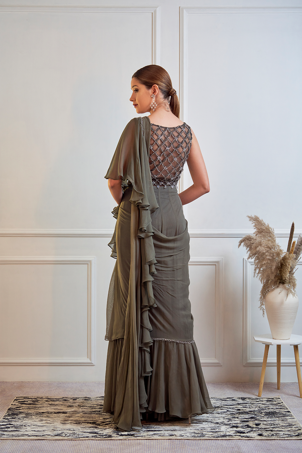 Waffle Net Blouse Ruffle Saree