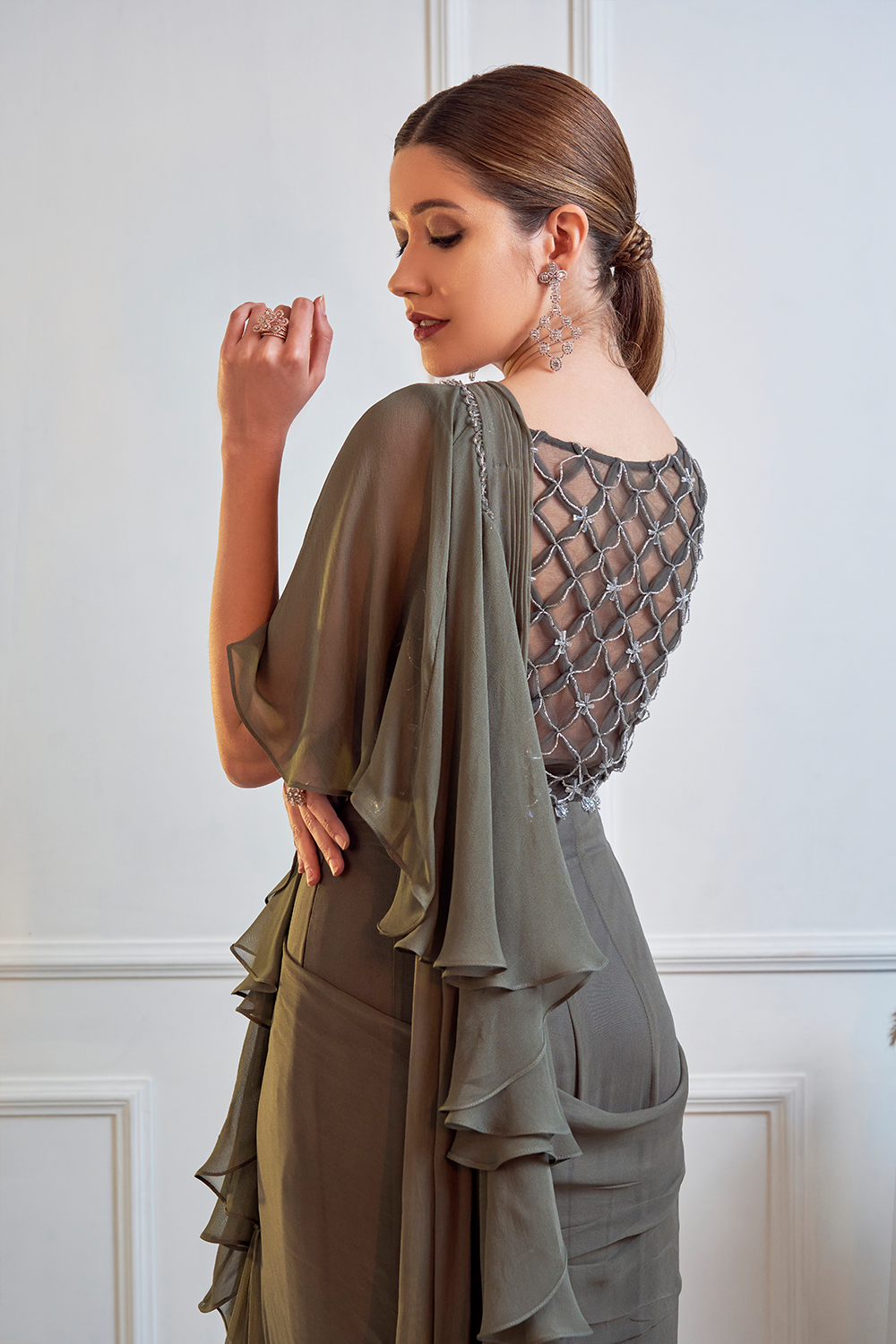 Waffle Net Blouse Ruffle Saree