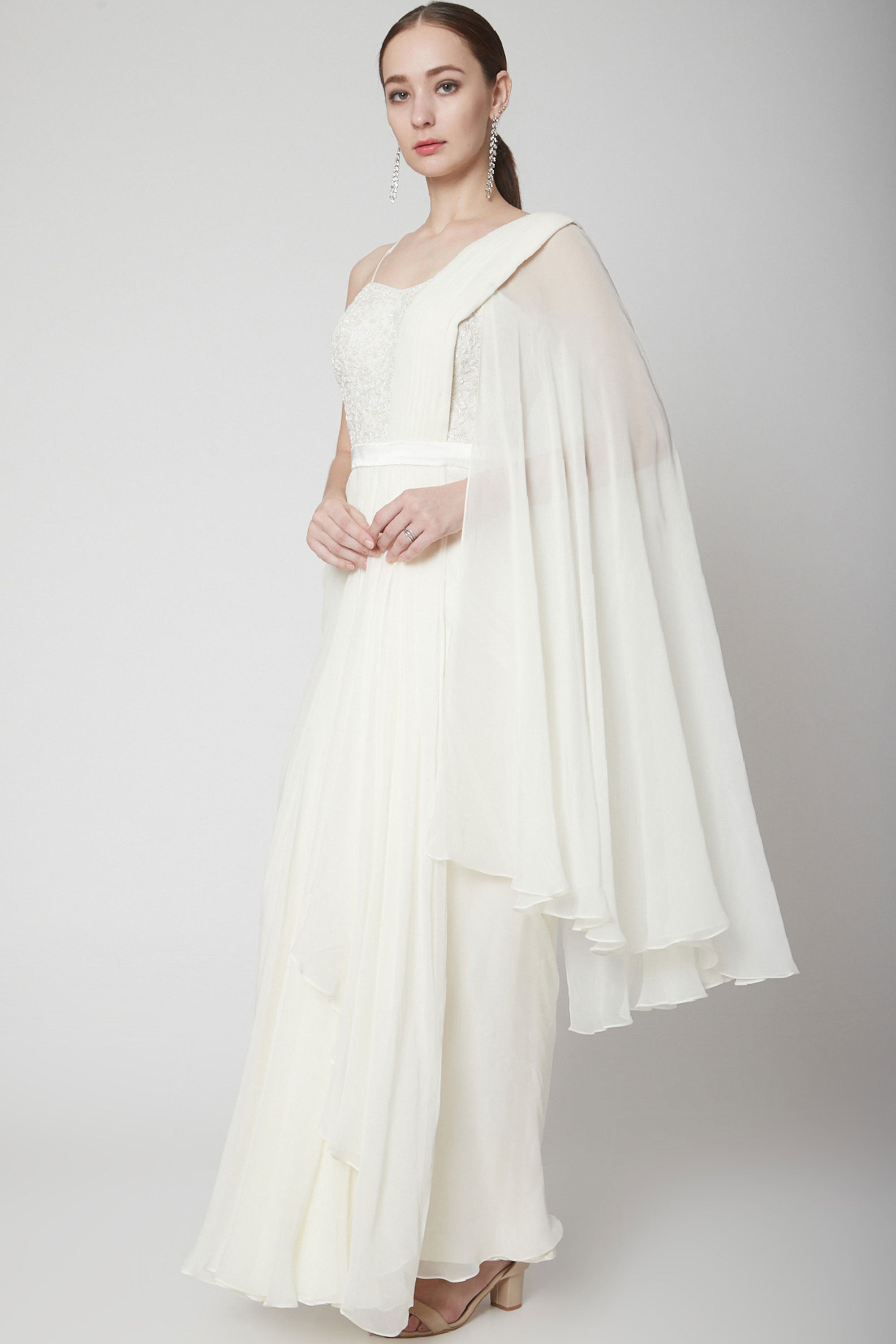 Off-White One Shoulder Drape Saree