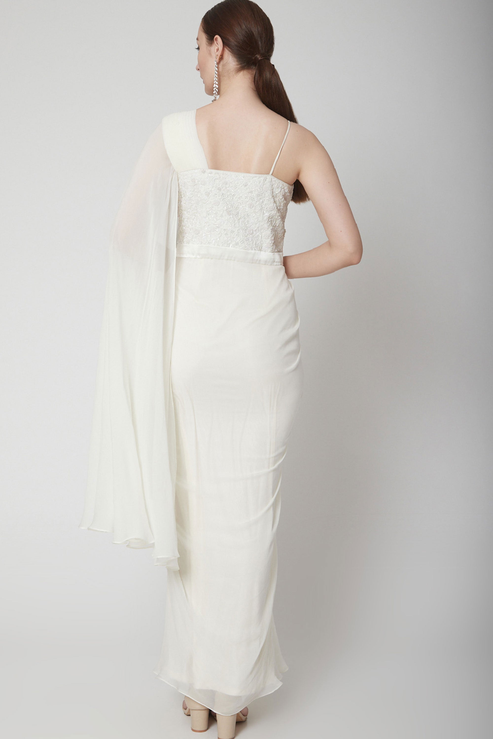 Off-White One Shoulder Drape Saree