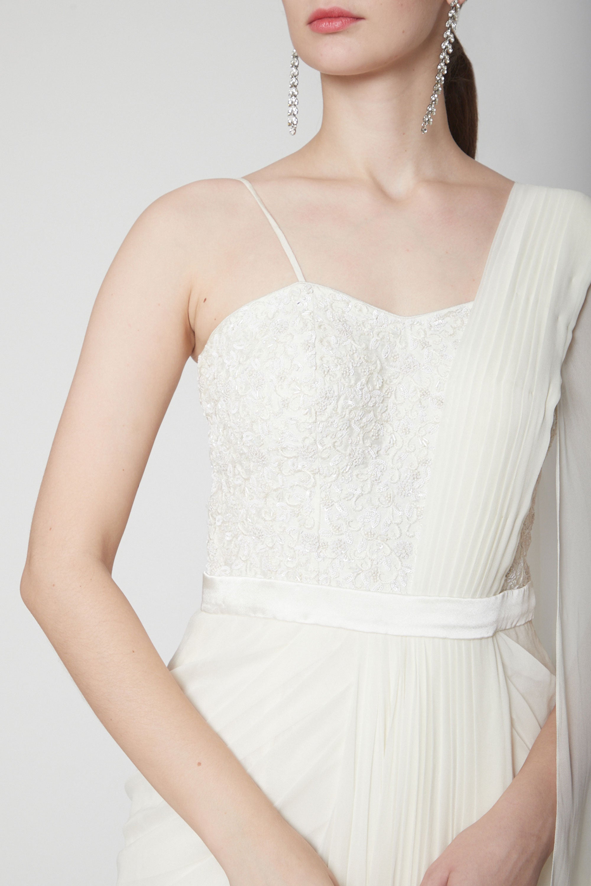 Off-White One Shoulder Drape Saree