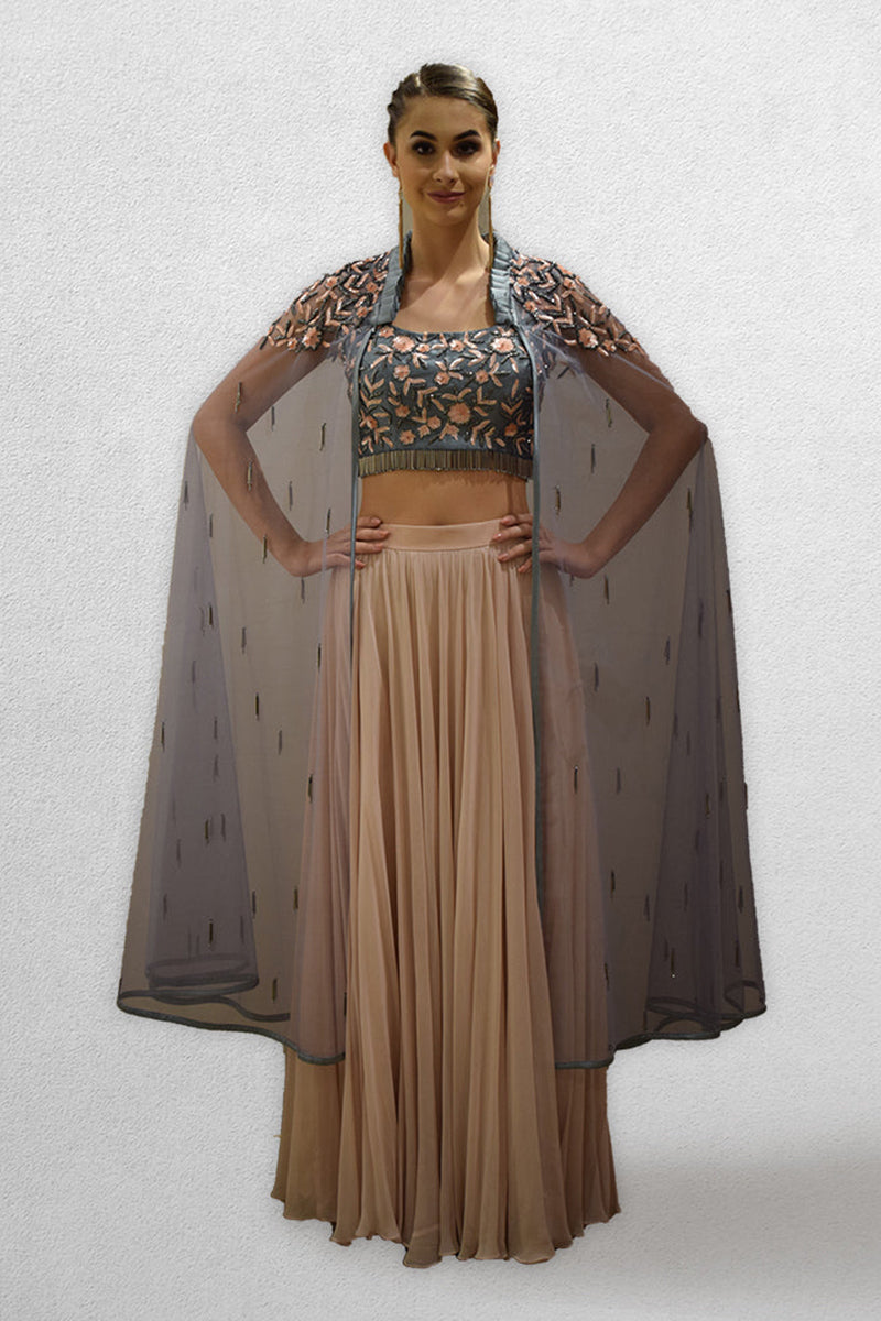 Grey Crop top Skirt and Cape