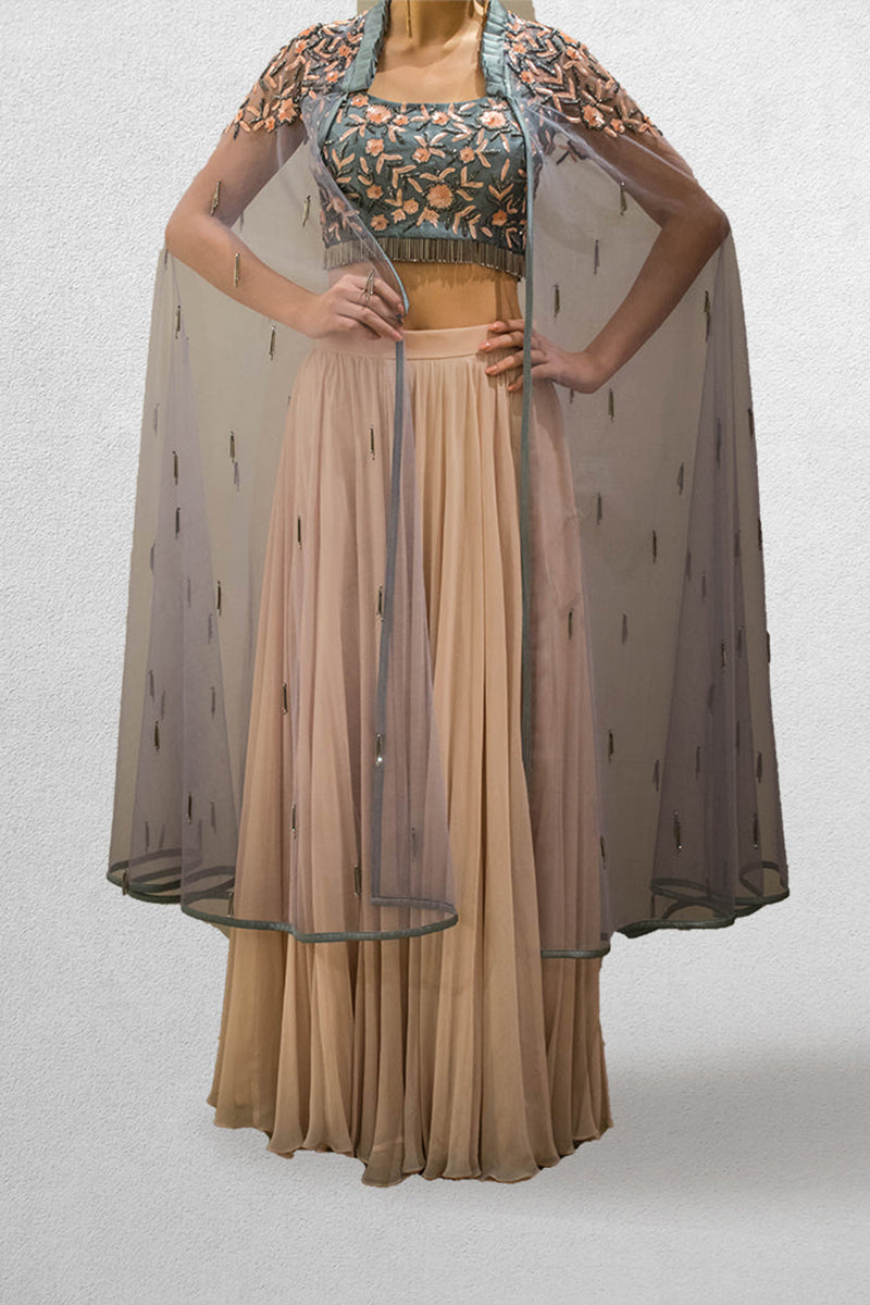 Grey Crop top Skirt and Cape