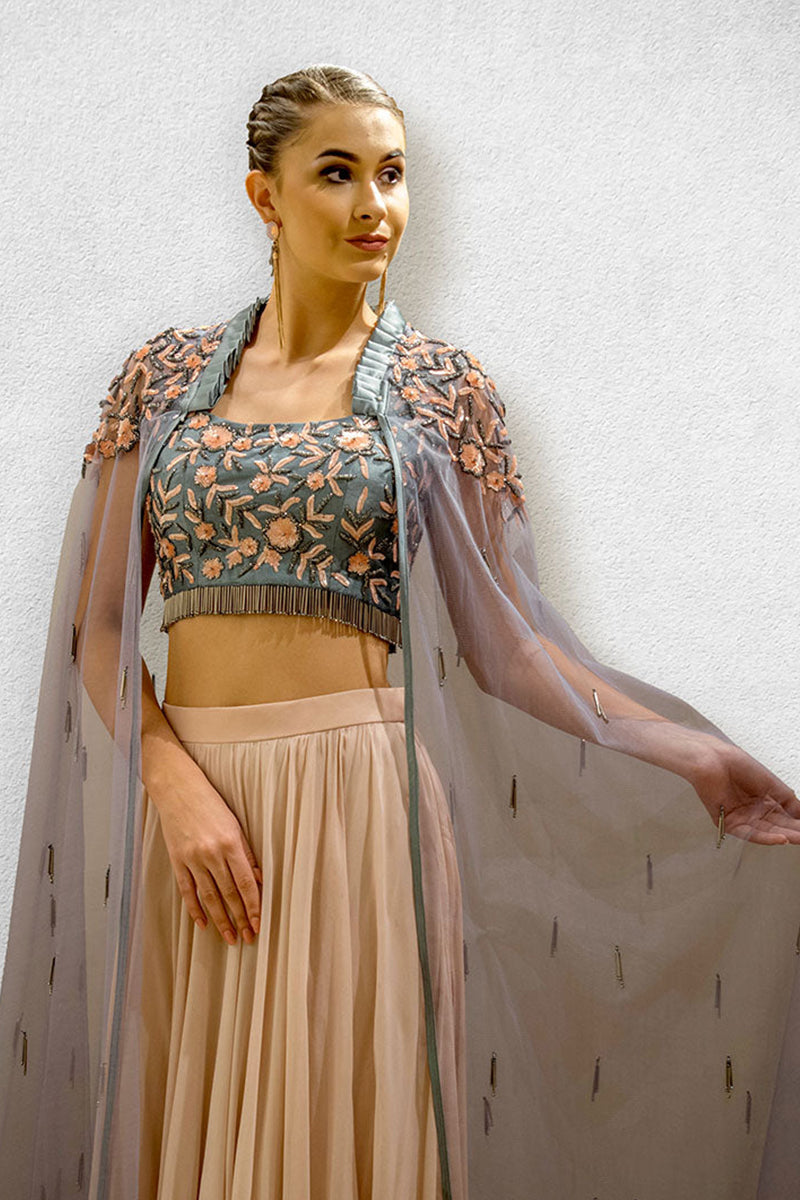 Grey Crop top Skirt and Cape