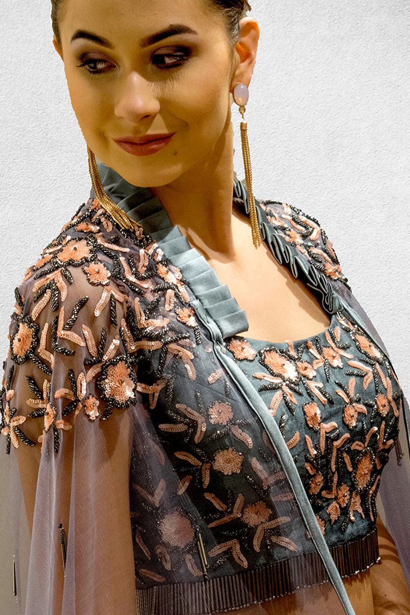 Grey Crop top Skirt and Cape