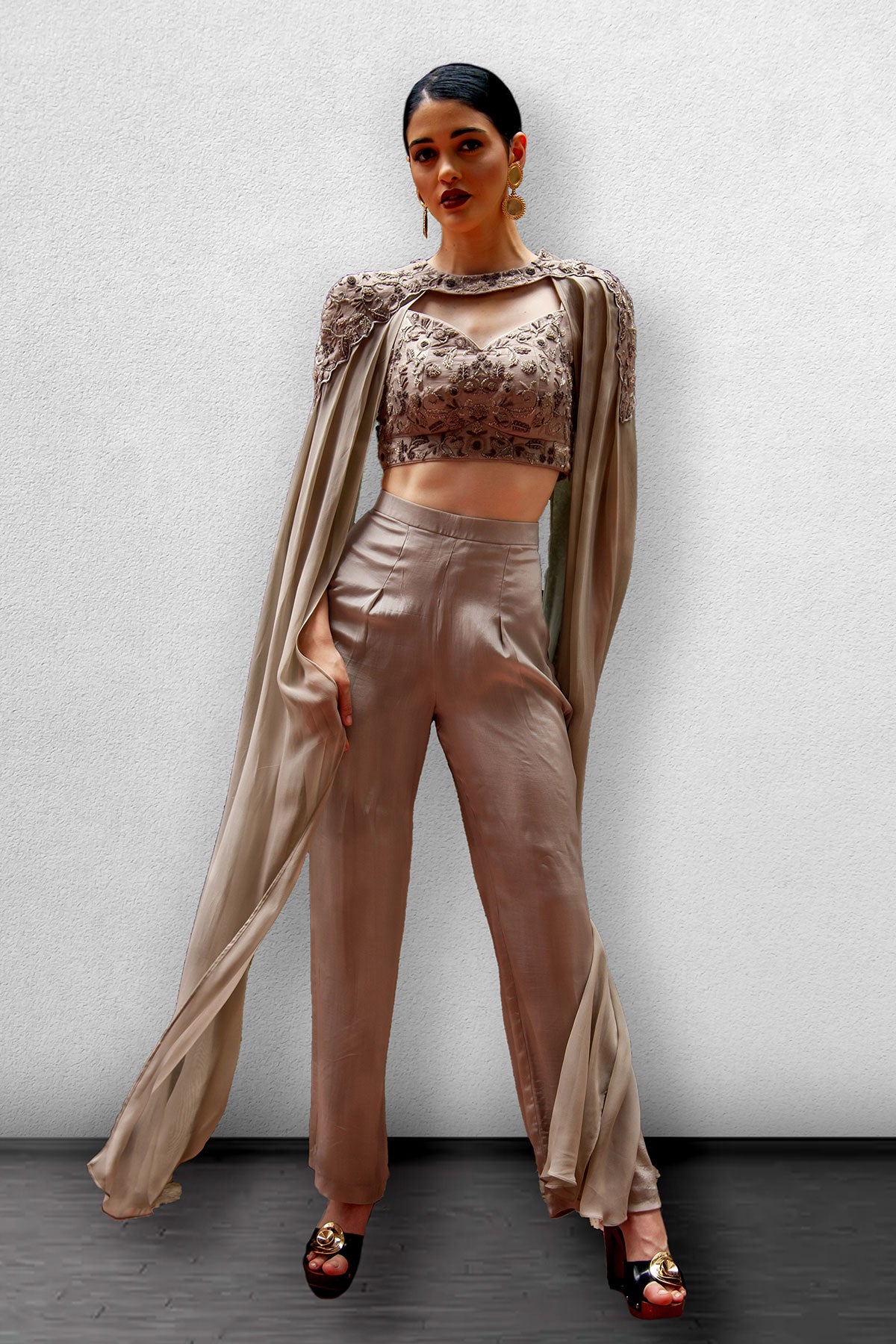 Greyish Brown Crop Top with Trouser Pants and Detachable Cape