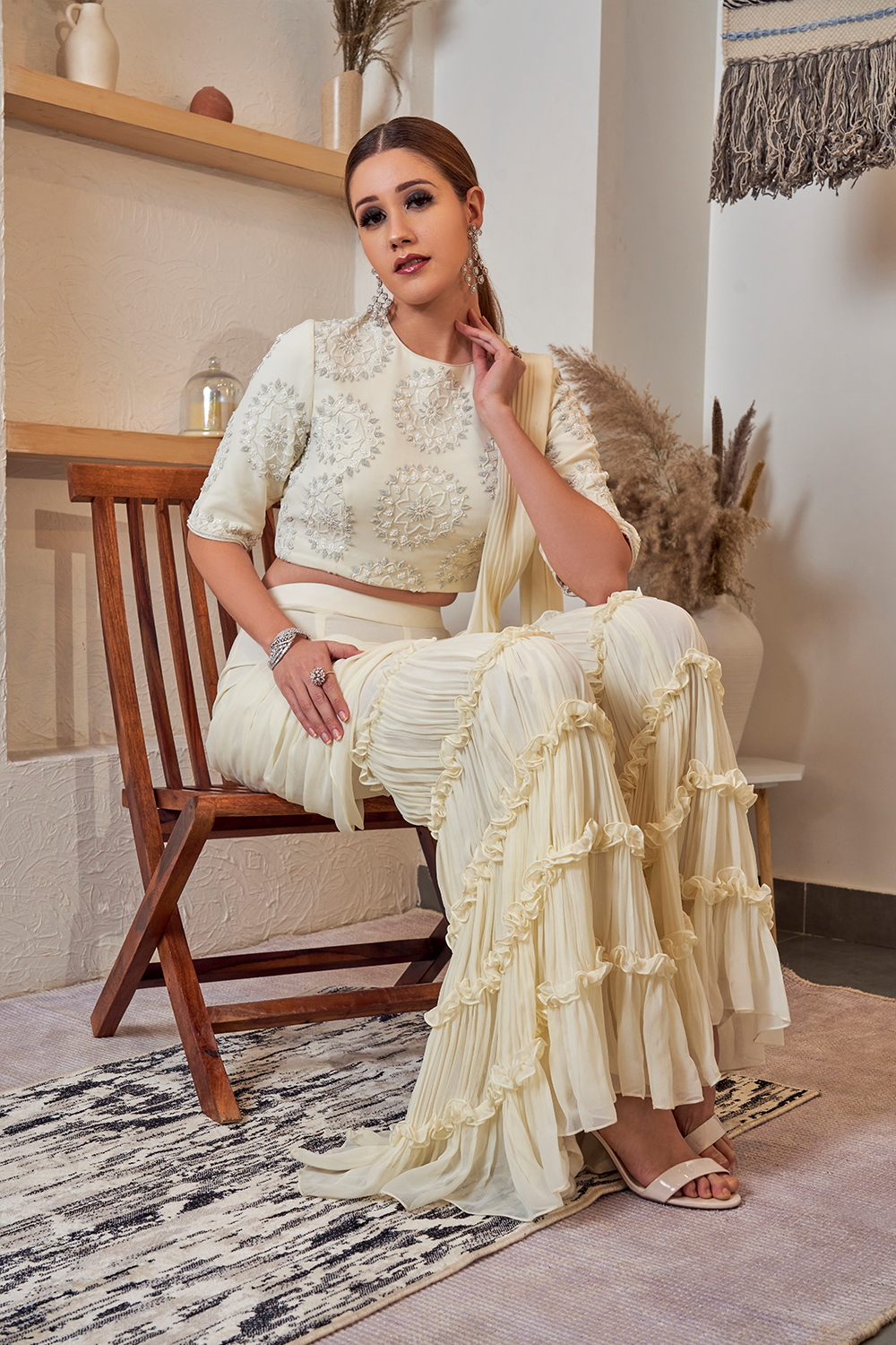 Off-White Frill Garara Saree