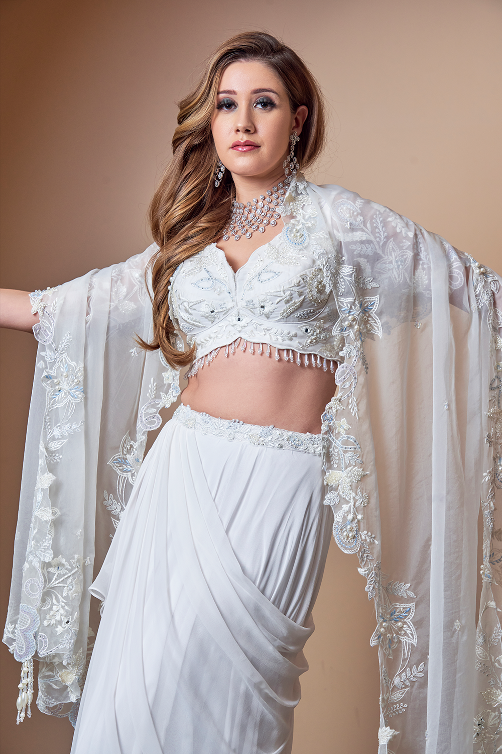 Ivory Floral Machine Work Blouse Skirt