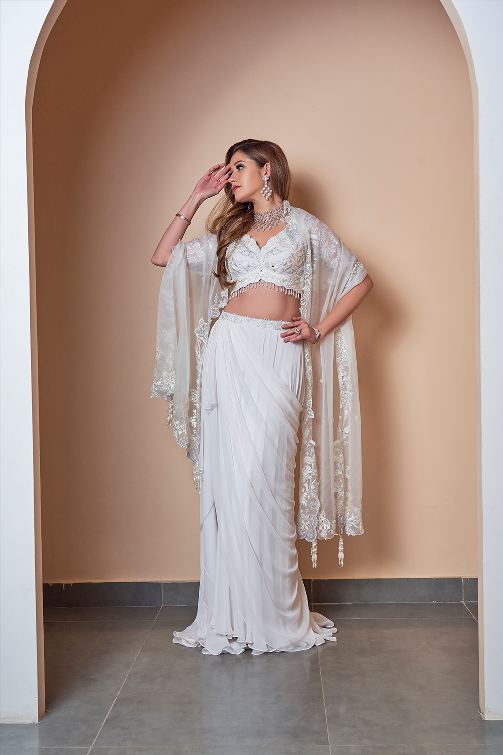 Ivory Floral Machine Work Blouse Skirt