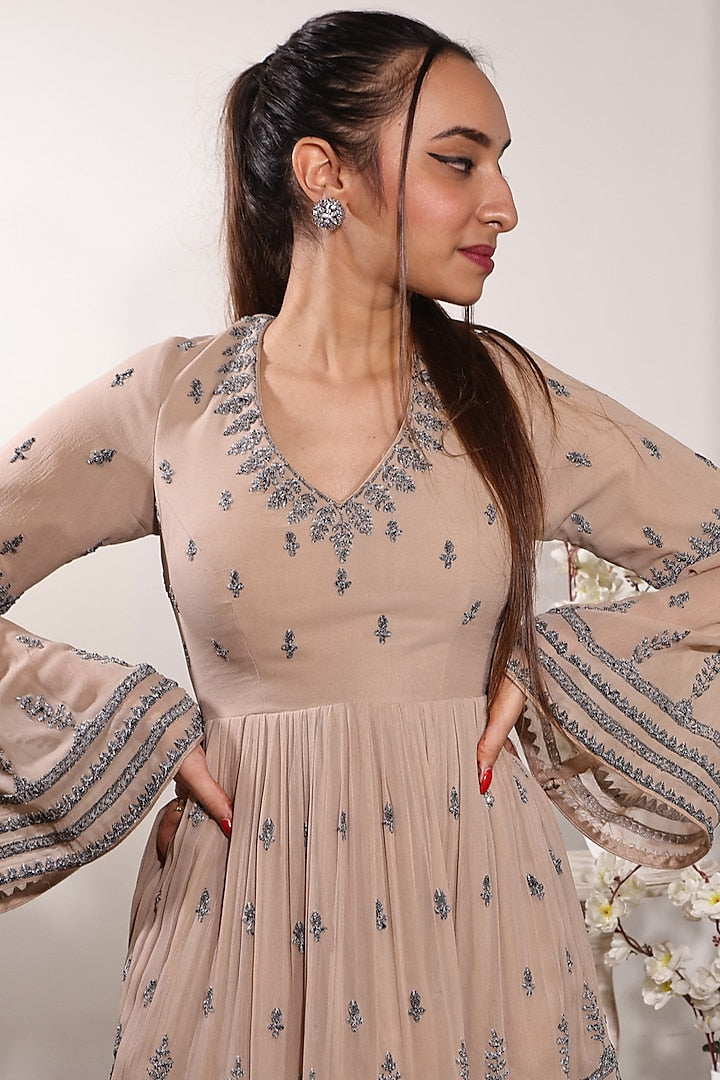 Peach Crepe & Net Sharara Set