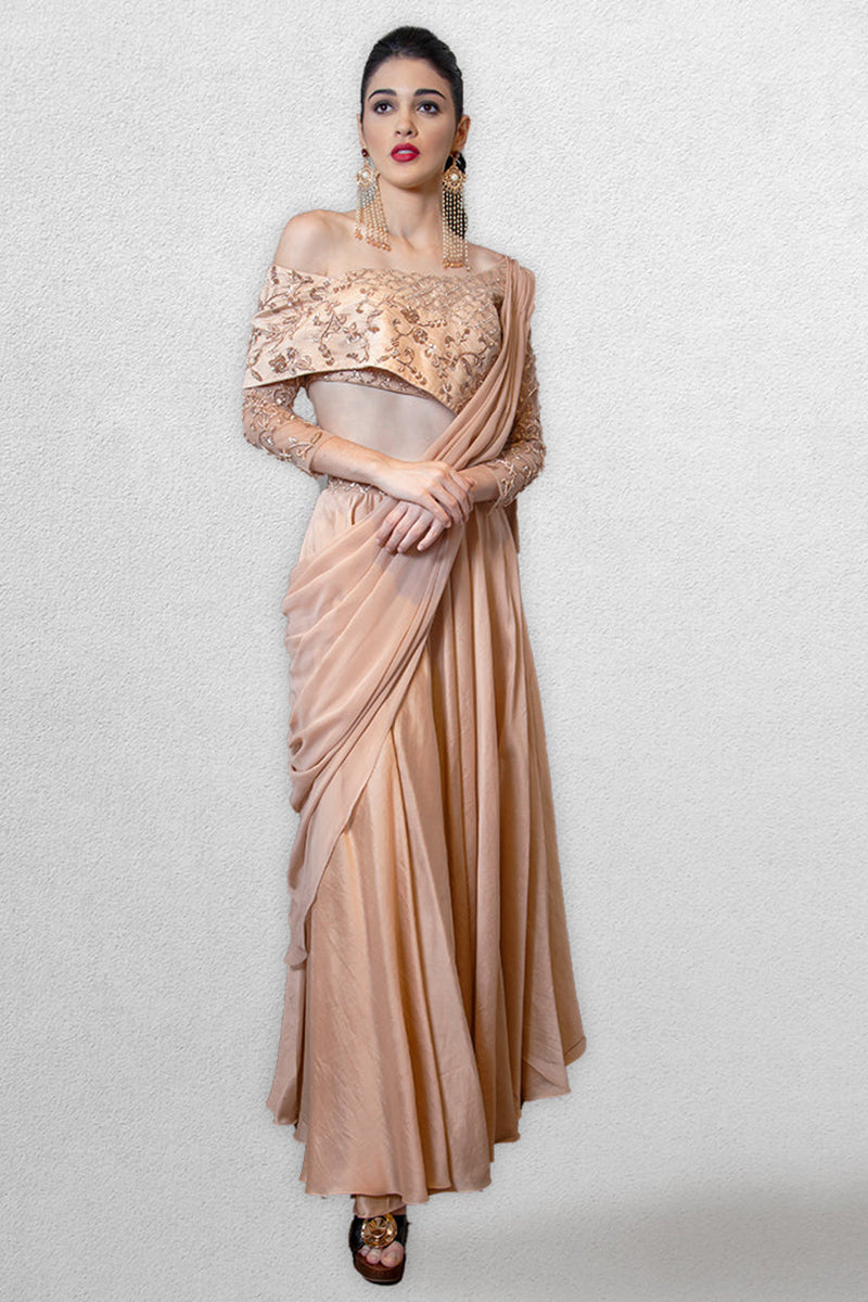 Peach Pre Stitched Drape Saree