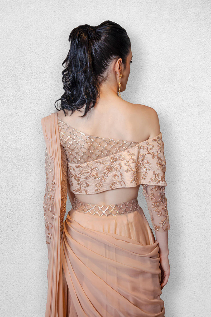 Peach Pre Stitched Drape Saree