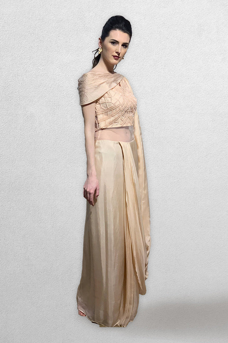 Peach Pre Stitched Drape Saree