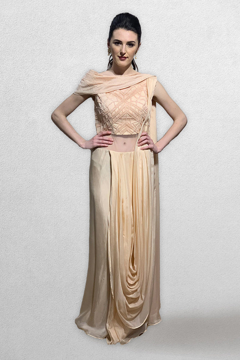 Peach Pre Stitched  Drape Saree