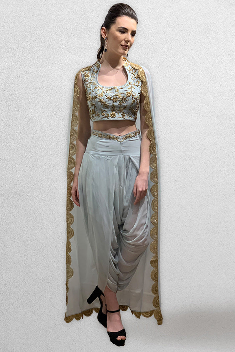 Powder Blue Crop Top with Detachable Cape and Dhoti Pants