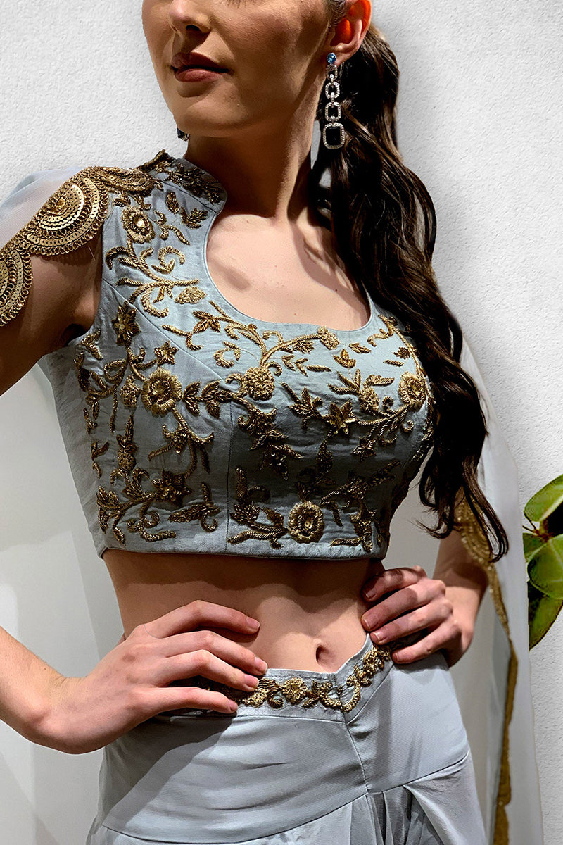 Powder Blue Crop Top with Detachable Cape and Dhoti Pants