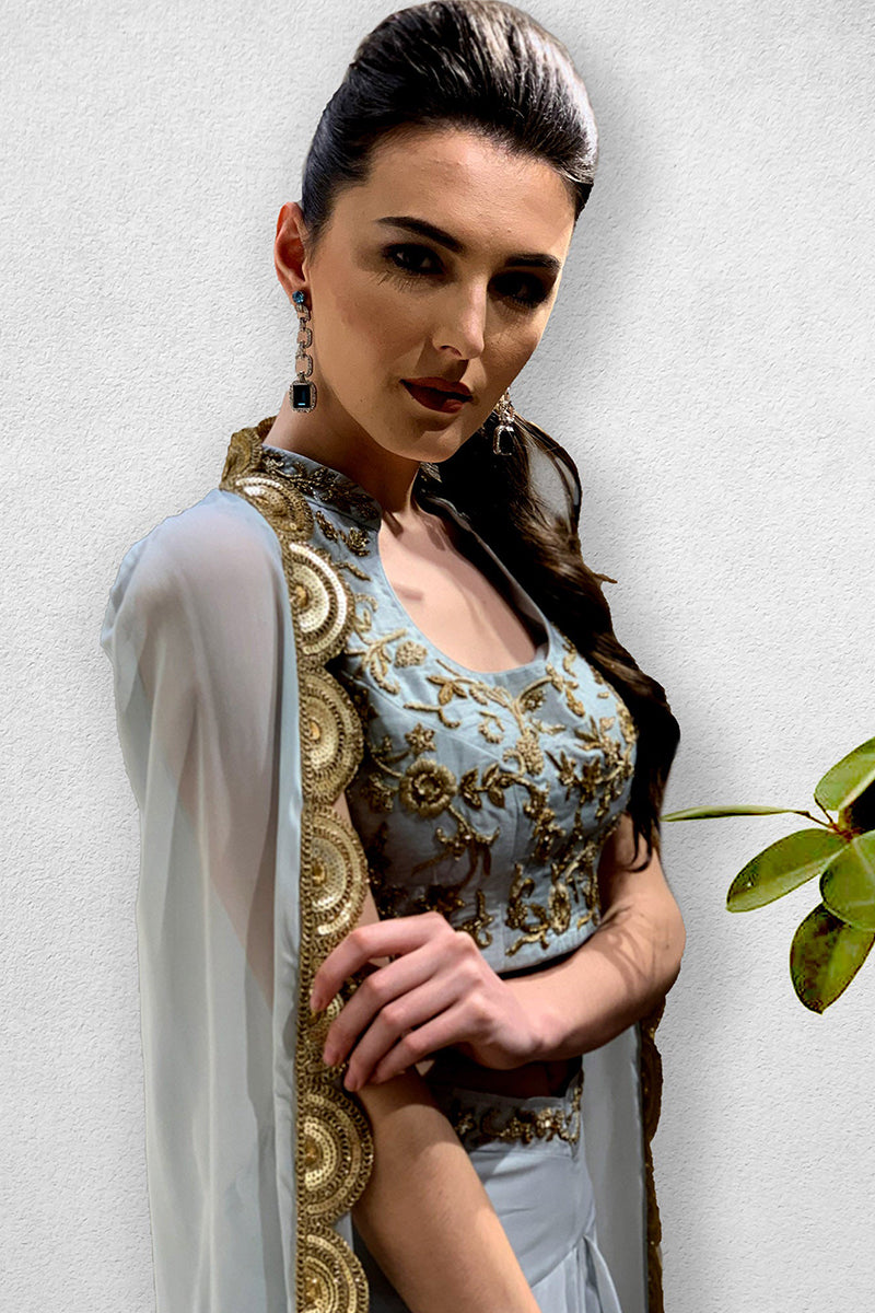 Powder Blue Crop Top with Detachable Cape and Dhoti Pants
