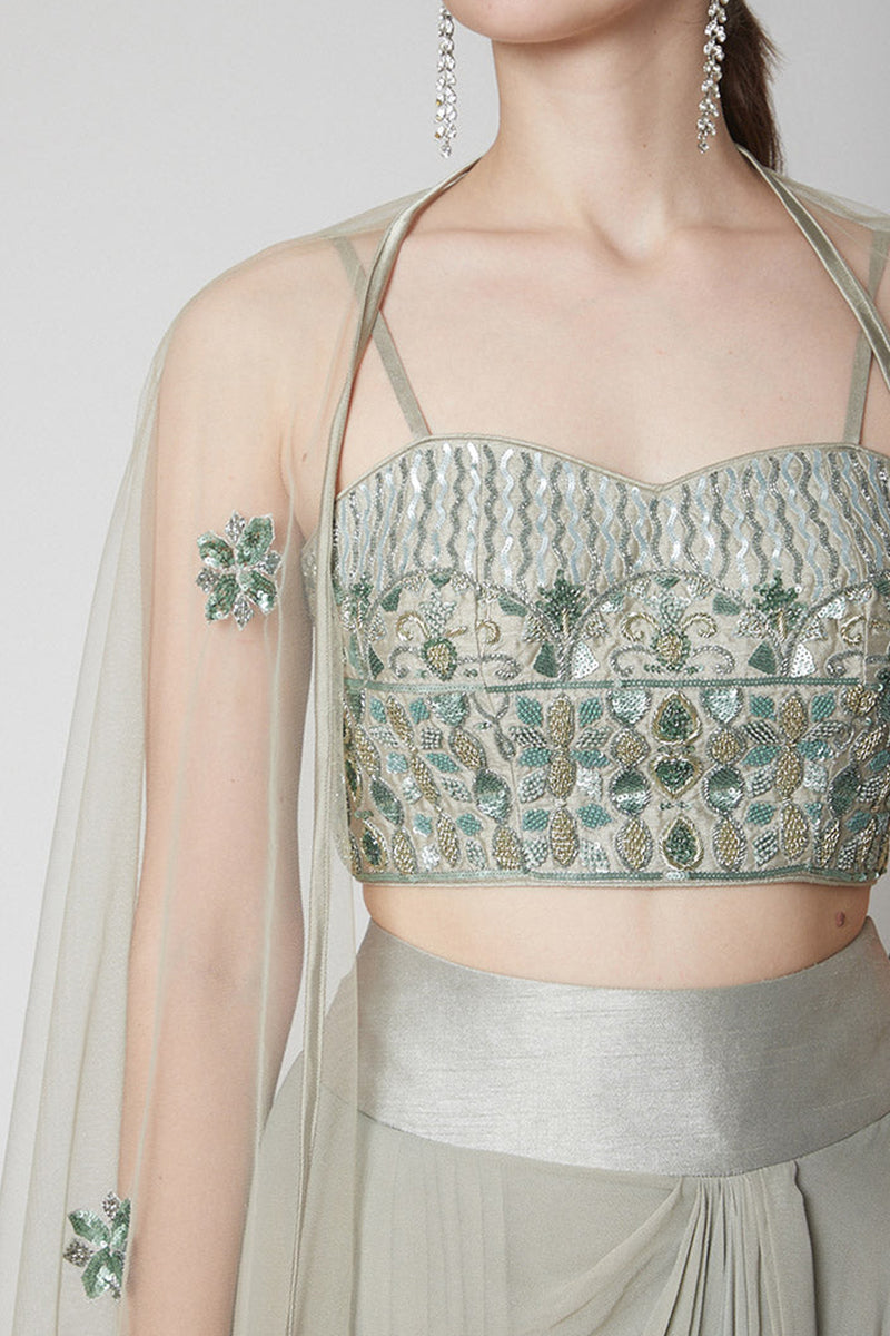 Sea Green Drape Ruffle Lehenga Blouse with Cape and Crop Top
