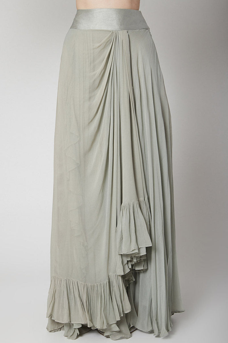 Sea Green Drape Ruffle Lehenga Blouse with Cape and Crop Top