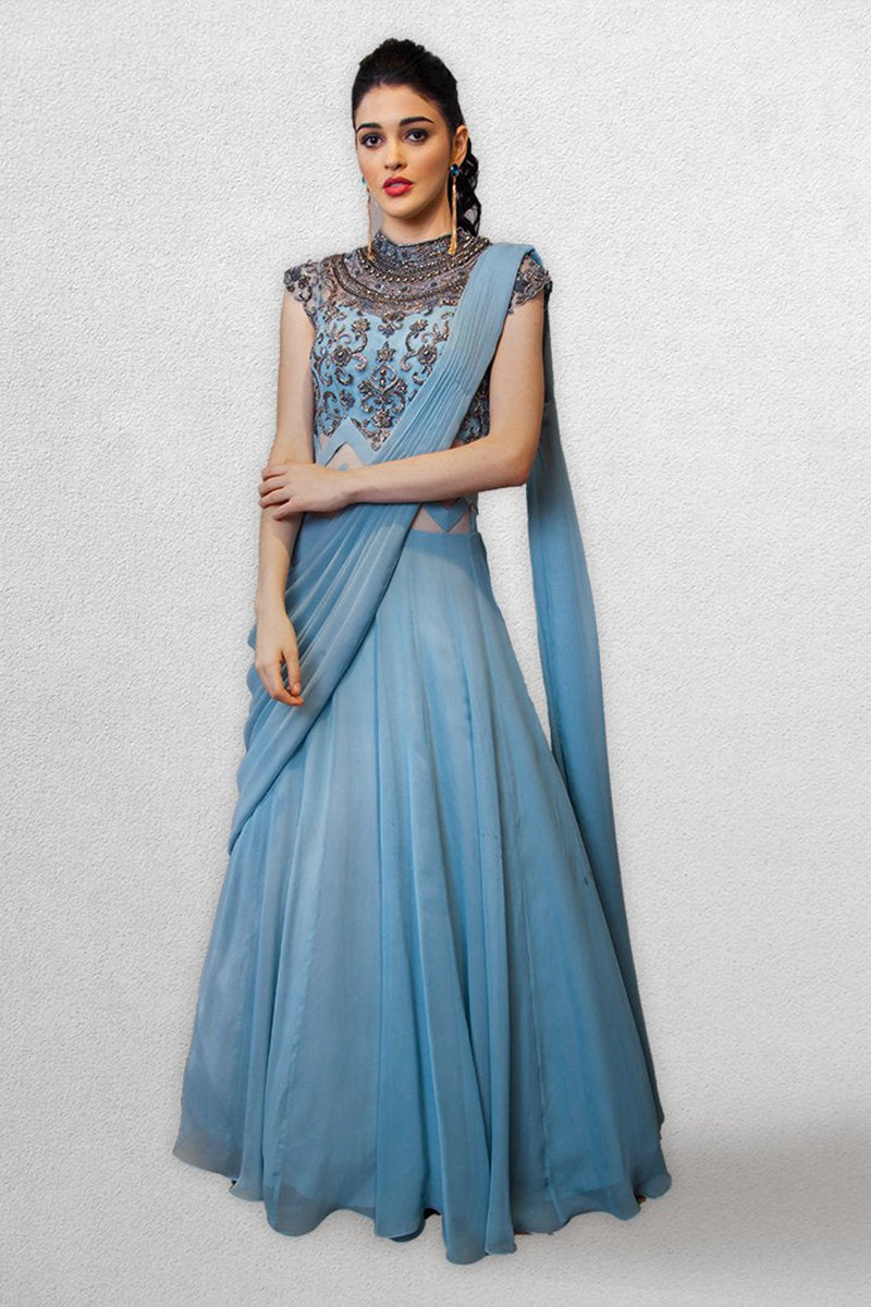 Teal Blue Pre Stitched  Drape Saree