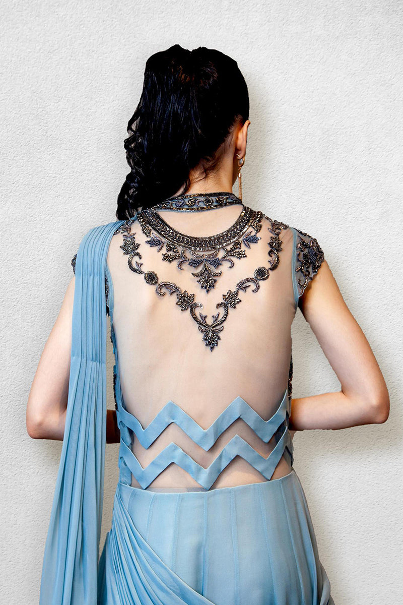 Teal Blue Pre Stitched  Drape Saree