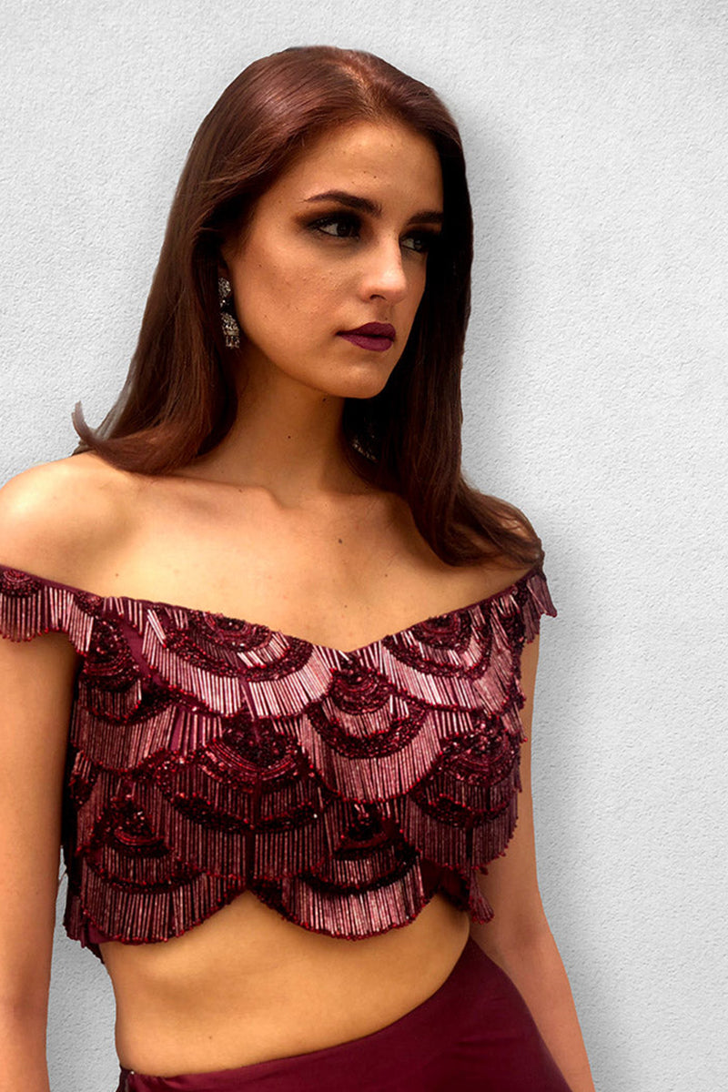 Wine colored Off Shoulder Top and Skirt