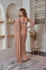 Khushi Chawla in Nude Drape Saree With Bralette Blouse & Tasseled Sleeves
