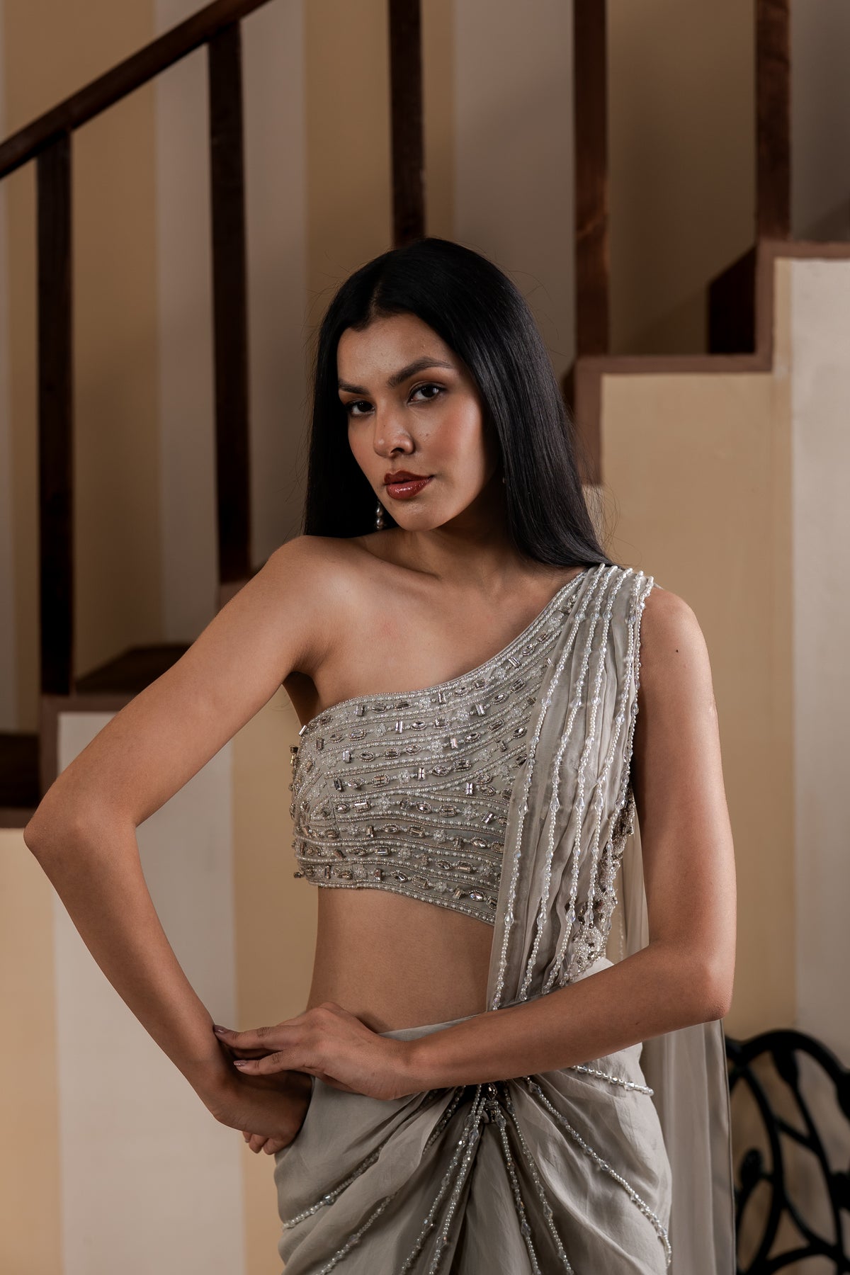 Dusty Miller Silver Drape Saree