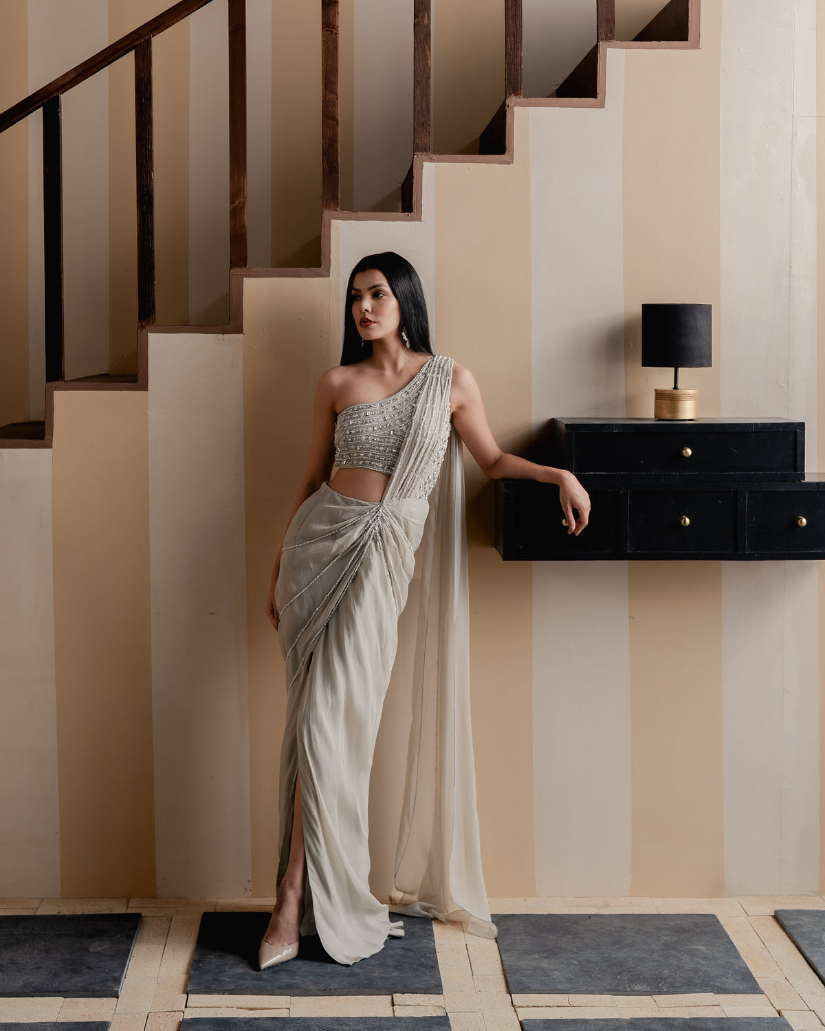 Dusty Miller Silver Drape Saree