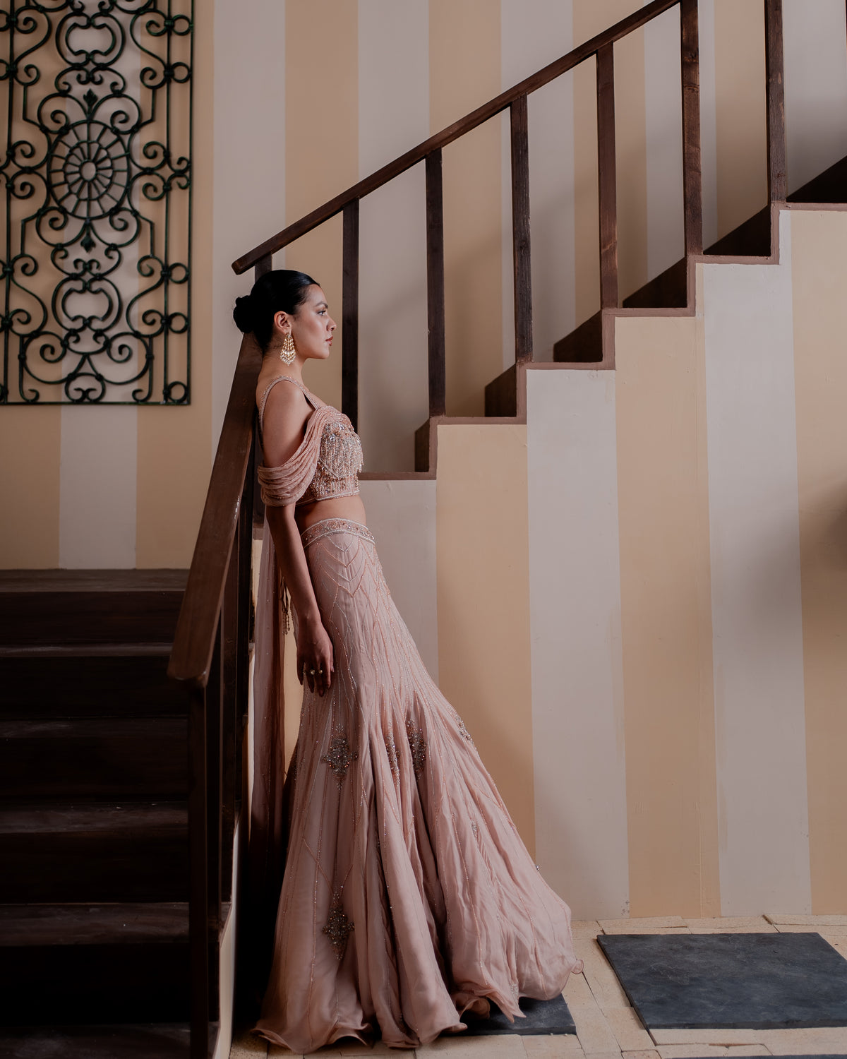 Damask Rose Trellis Fishcut Lehenga Set