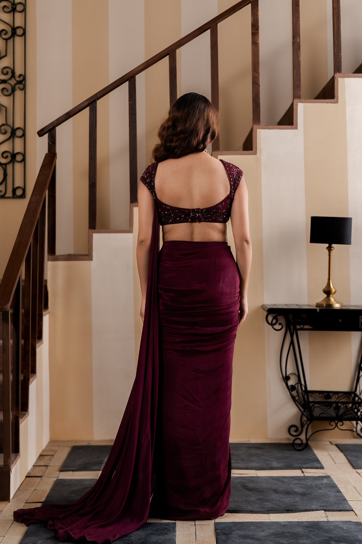Black Baccara Rose Drape Saree