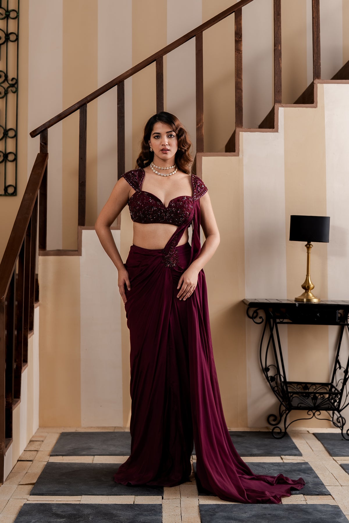 Black Baccara Rose Drape Saree