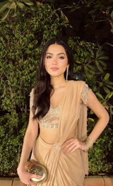 Khushi Chawla in Nude Drape Saree With Bralette Blouse & Tasseled Sleeves