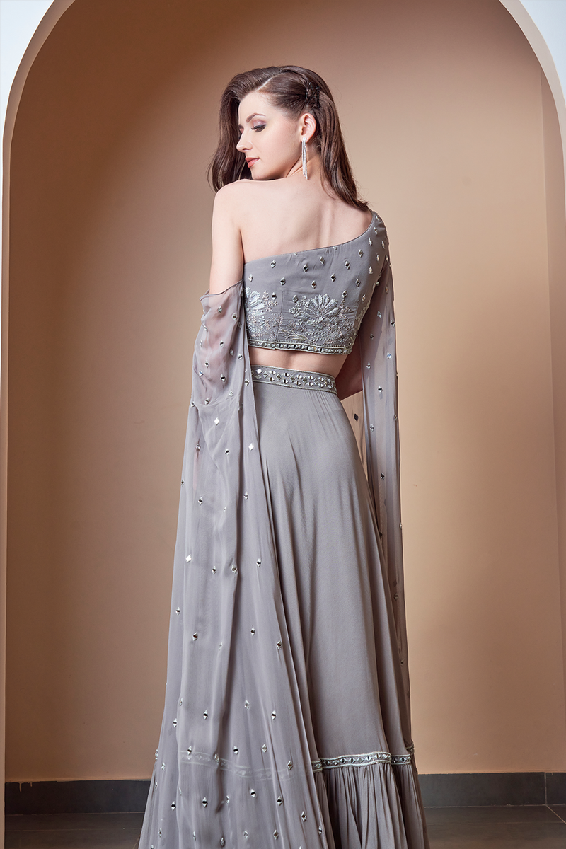 Mirror Work Flower Motif Grey Lehenga