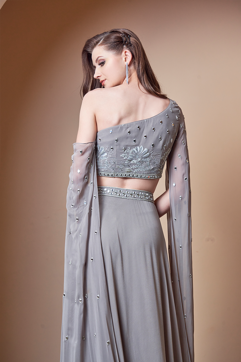 Mirror Work Flower Motif Grey Lehenga