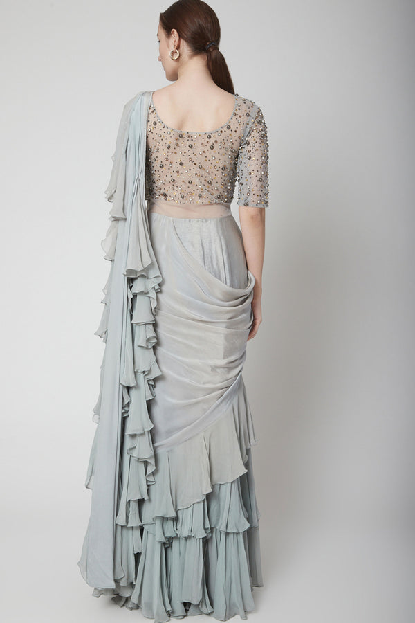 Grey Pre Stitched  Ruffle Saree