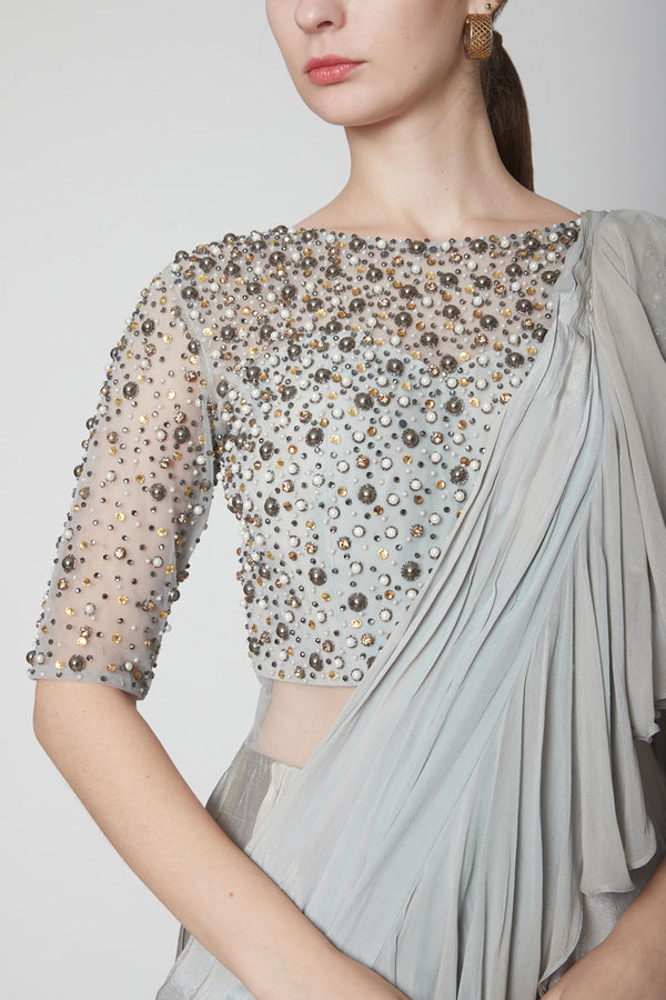 Grey Pre Stitched  Ruffle Saree