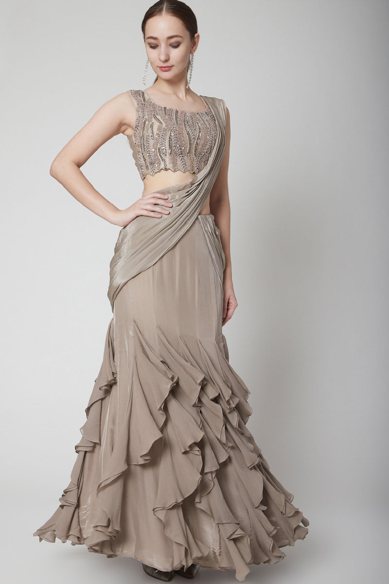 Mouse Grey Drape Ruffle Saree