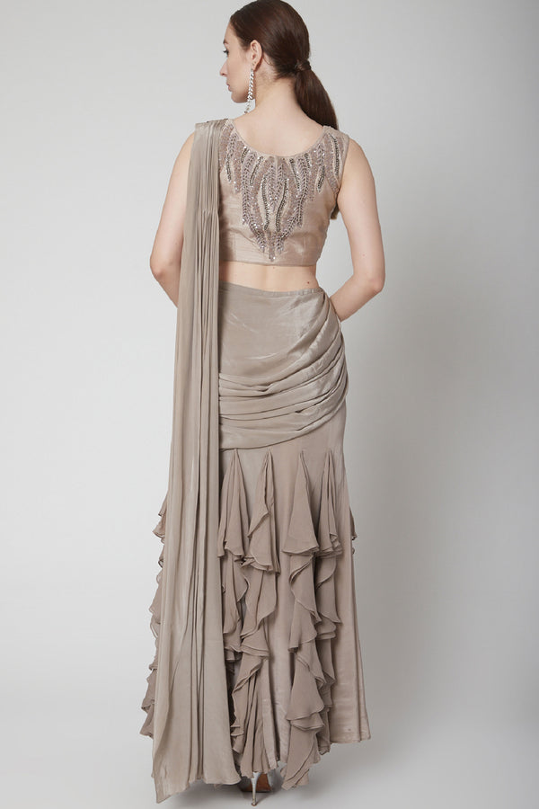 Mouse Grey Drape Ruffle Saree