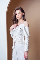 Nalki Motif White Off Shoulder Jacket Saree