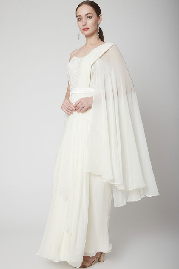 Off-White One Shoulder Drape Saree