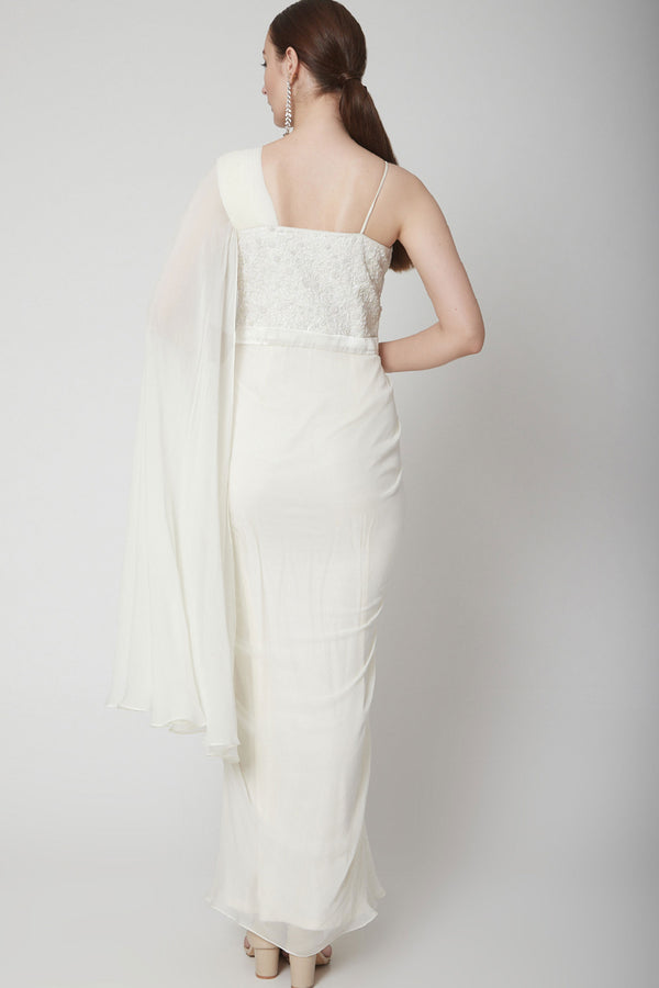 Off-White One Shoulder Drape Saree