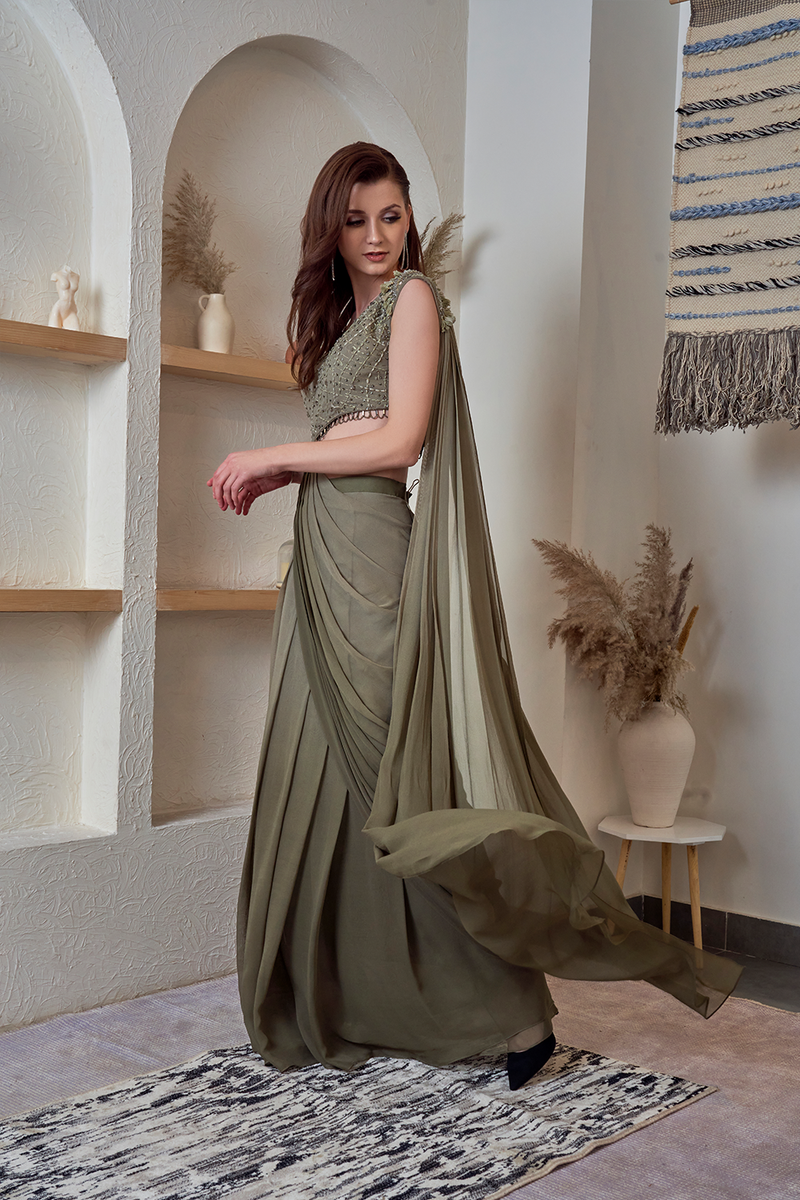 One Shoulder Anchot Thread Khaki Ombre Saree Gown